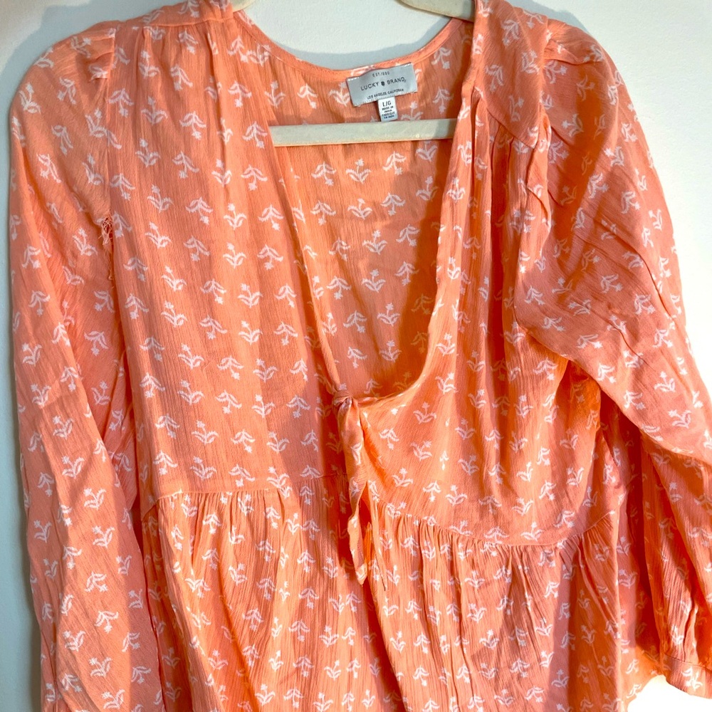 Lucky brand tie babydoll blouse, coral and white, large